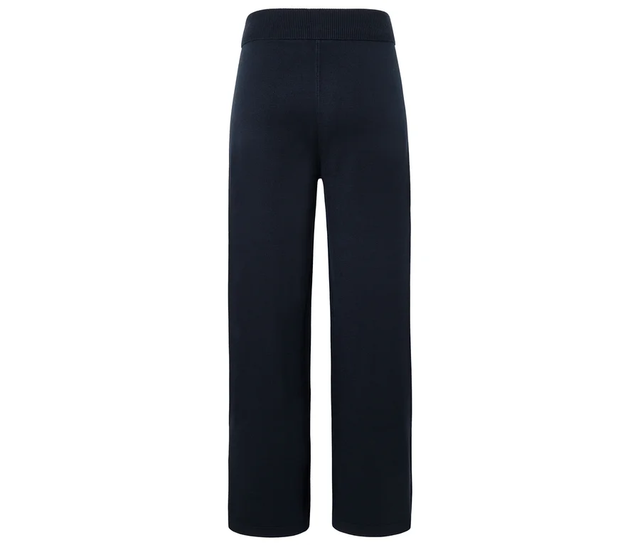 Dunkelblaue, weit geschnittene Strickhose mit elastischem Bund.