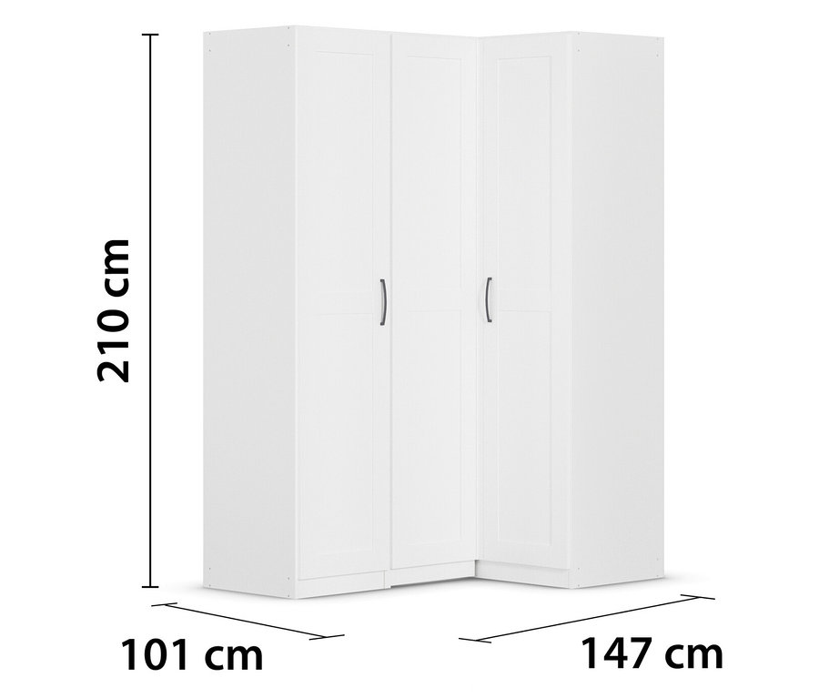 Abmessungen eines weißen Eckkleiderschranks: 210 cm hoch, 101 cm breit und 147 cm tief.