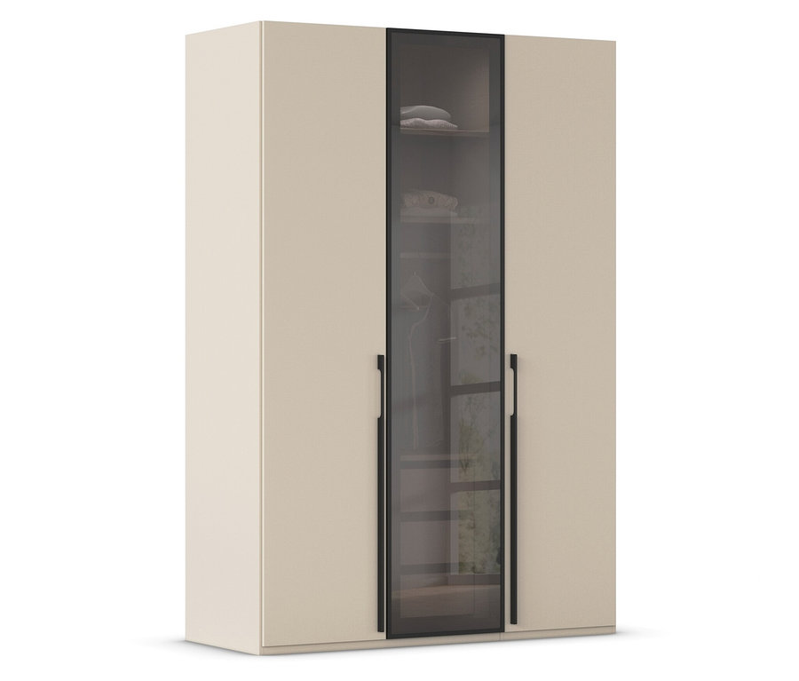 Beiger Kleiderschrank mit Glastür in der Mitte.
