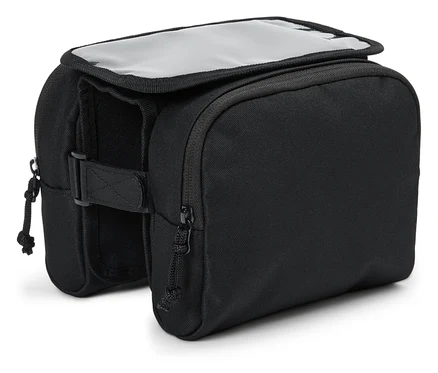 Eine schwarze Fahrradlenkertasche mit transparentem Deckel.