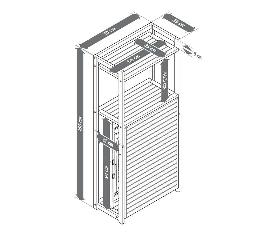 Skizze des Balkon-Dining Sets »Lenja« mit Regal und den angegebenen Abmessungen.