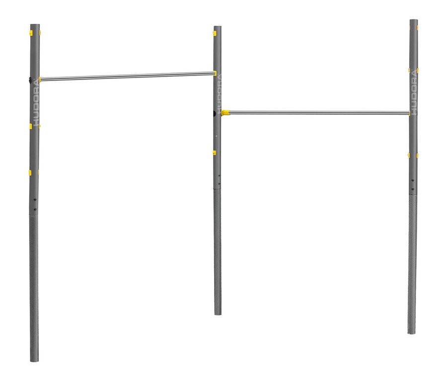 HUDORA-Doppel-Turnreck »Fabian Pro« mit zwei silbernen Stangen auf grauen Stangen.
