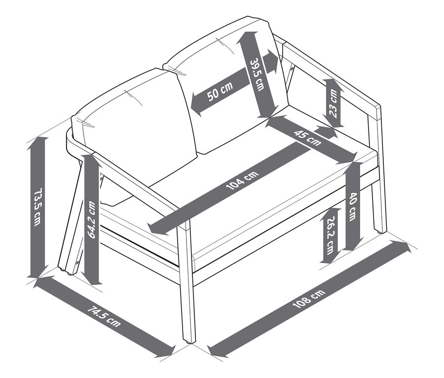 Draufsicht-Strichzeichnung eines Garten-Lounge-Sets mit Textilgeflecht, 4-teilig, mit Massangaben.
