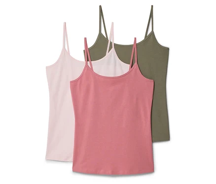 Drei Tanktops in Rosa, Altrosa und Olivgrün liegen übereinander.