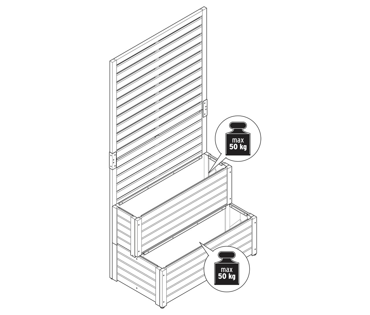 2-in-1-Sichtschutz-Pflanztreppe mit zwei Pflanzkästen und einem Sichtschutz aus horizontalen Lamellen.
