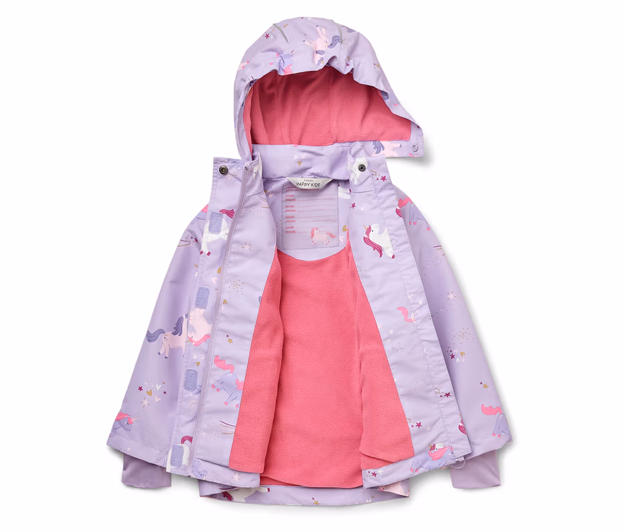 Geöffnete lila Kinderjacke mit Einhornmuster und rosa Futter.