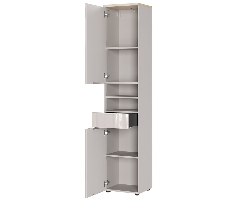 Offener, schmaler Badezimmerschrank in Grau mit hellem Holzdeckel, Schublade und Regalböden.