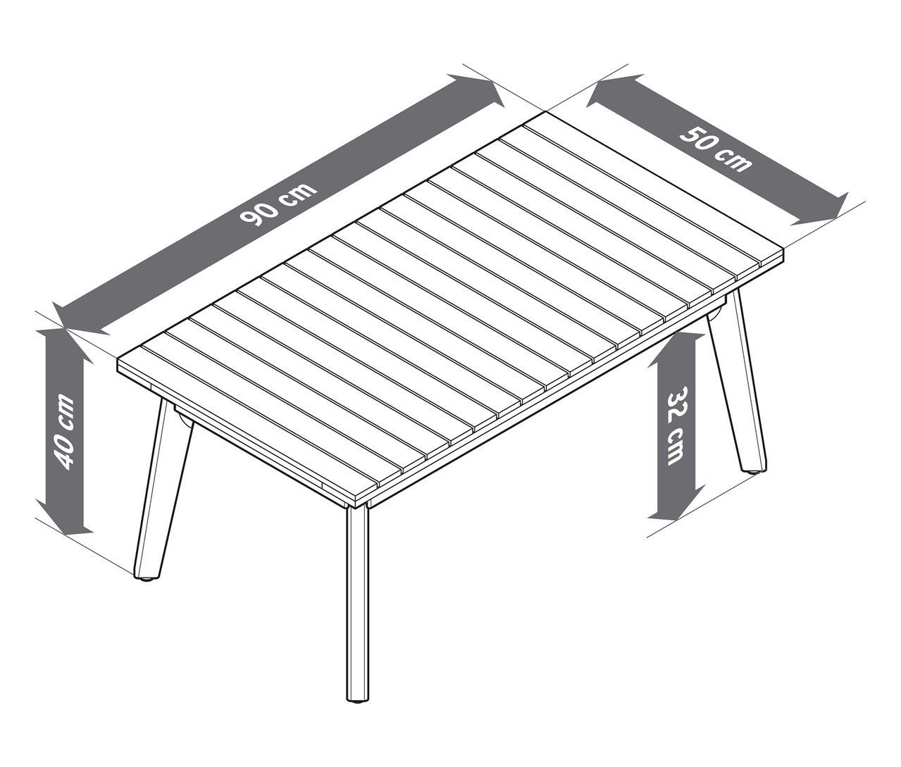 Illustration eines Garten-Lounge-Sets mit Textilgeflecht, 4-teilig, mit Maßangaben.