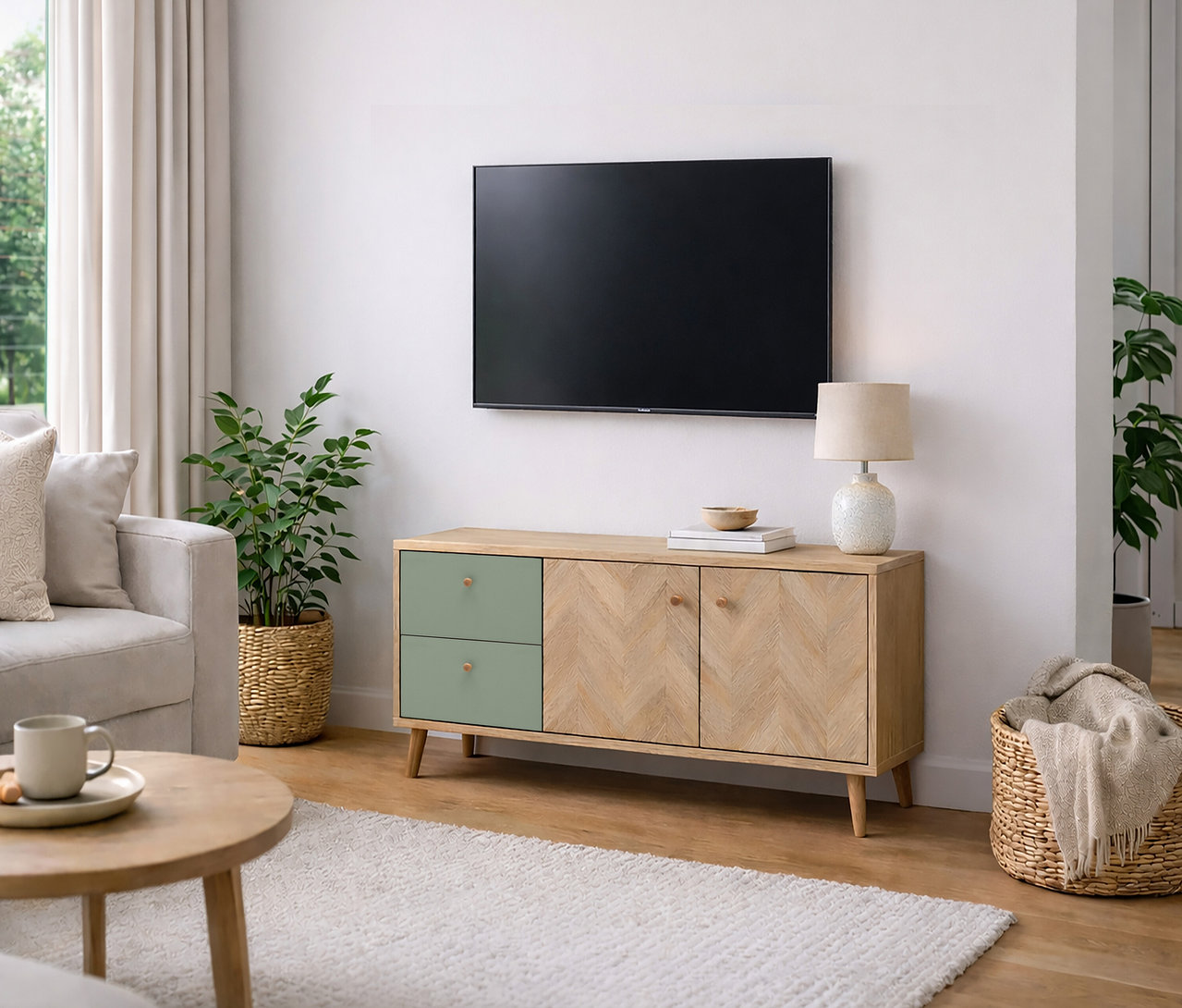 Wohnzimmer mit Fernseher an der Wand über einem Sideboard mit grünen Schubladen und Holztüren. Lampe, Schale und Buch stehen auf dem Sideboard.