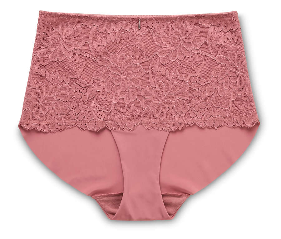 Pfirsichfarbener Damenslip mit hoher Taille und floraler Spitze.