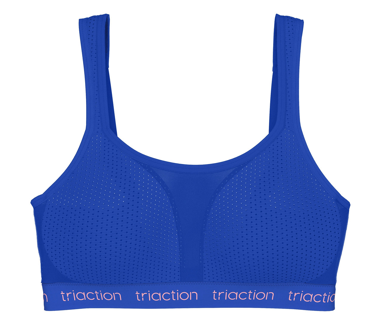 Blauer Triaction Sport-BH mit perforiertem Stoff und Logo-Bund.
