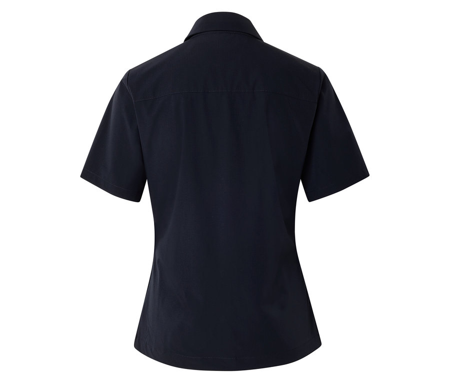 Rückansicht eines dunkelblauen, kurzärmeligen Hemdes mit Kragen.