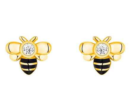 Zwei goldene Ohrringe in Form von Bienen mit schwarzen Streifen und einem weißen Stein in der Mitte.