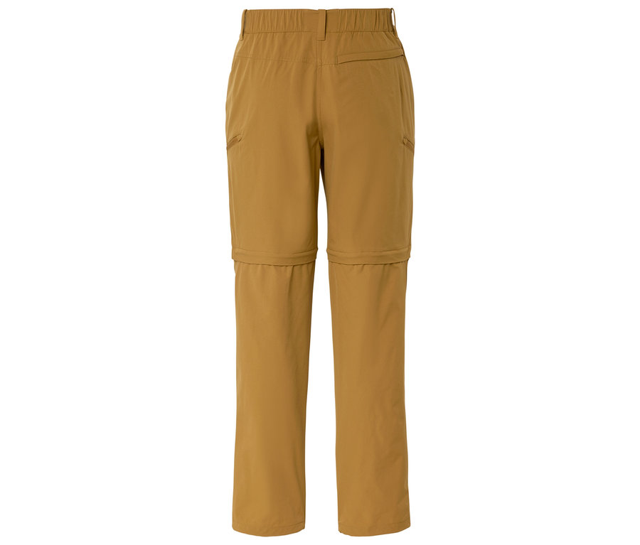 Draufsicht einer gefalteten, ockerfarbenen Wanderhose mit abzippbaren Hosenbeinen.