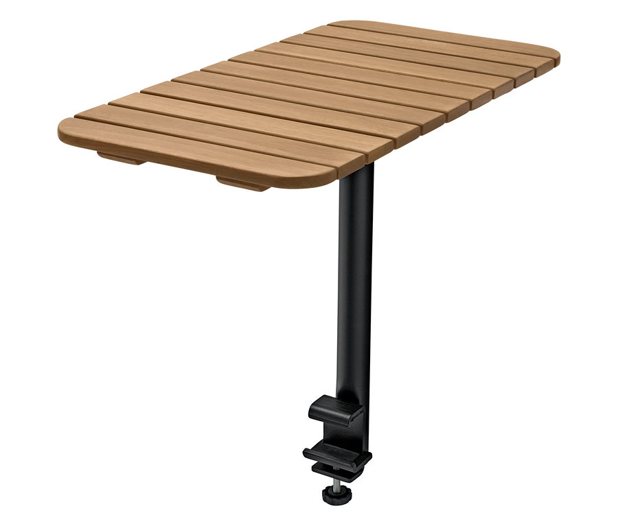 Ein Holztisch mit Lattenmuster und einer schwarzen Metallhalterung, die an einer Oberfläche befestigt werden kann.