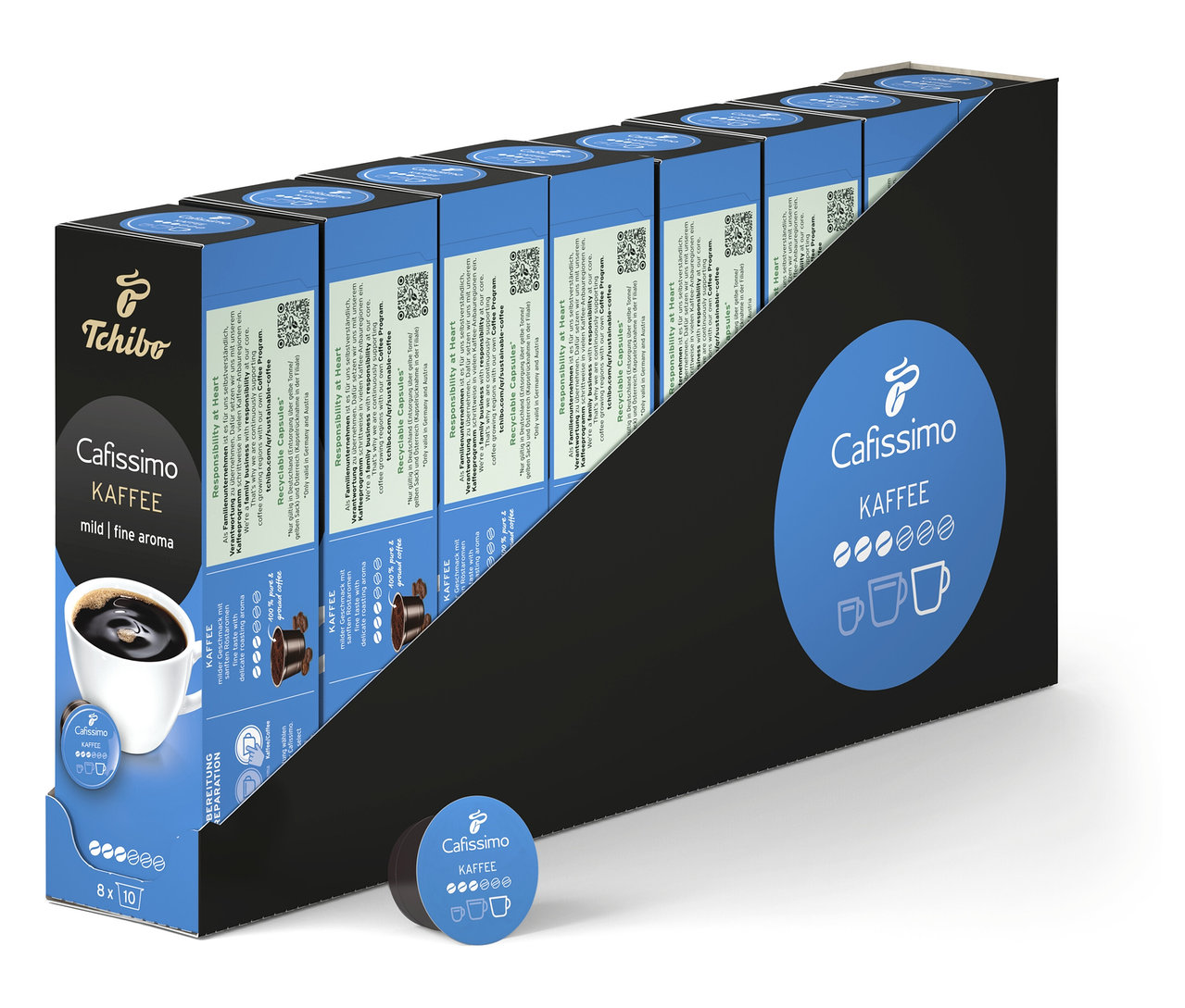 Mehrere Packungen Cafissimo Kaffee mild - 80 Kapseln in einer Reihe. Eine Kapsel liegt davor.