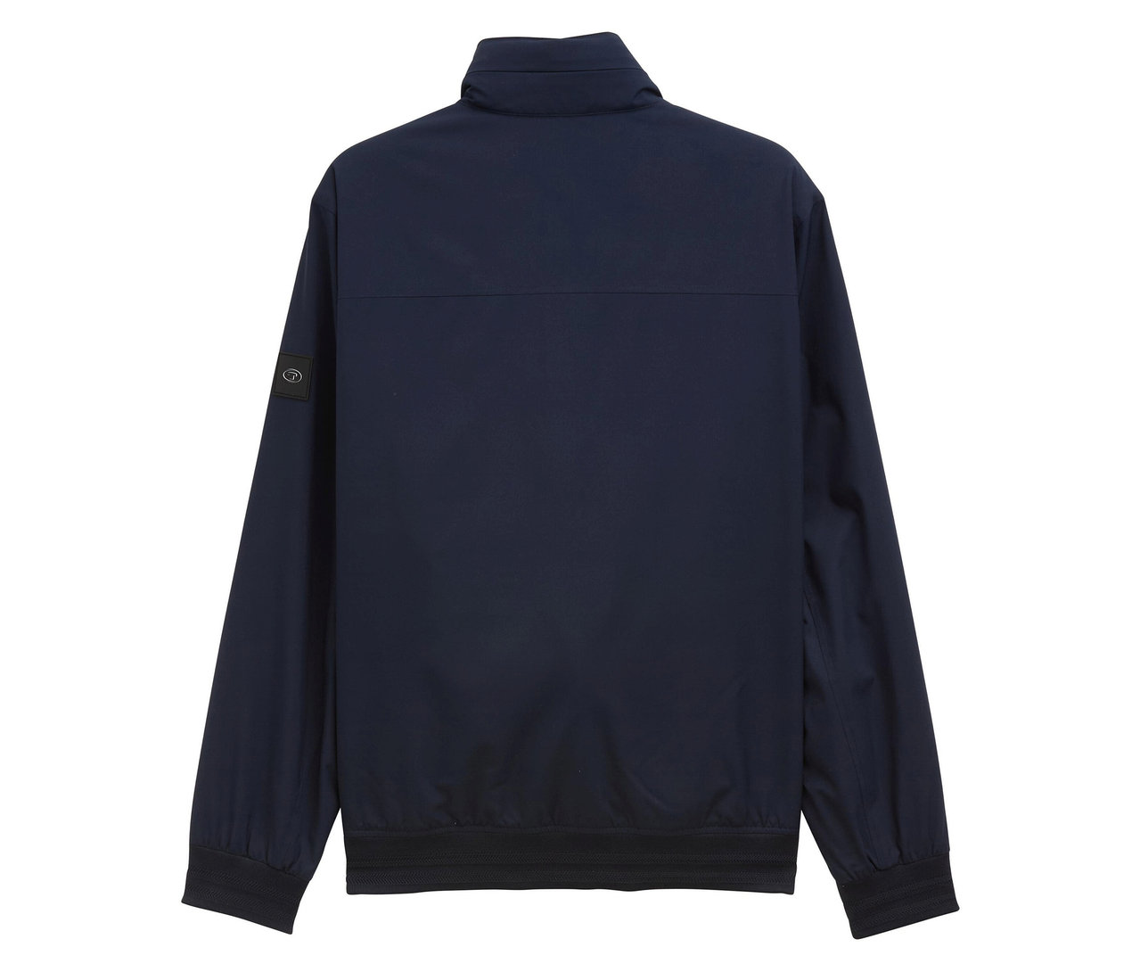 Dunkelblaue Jacke mit Reißverschluss und Stehkragen, Rückansicht.