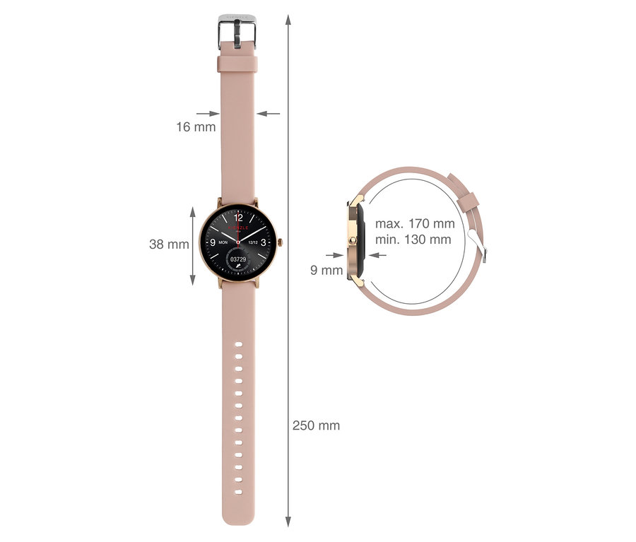 Abmessungen der roségoldfarbenen Kienzle Uhr »Active Smart Slim« mit Bandlänge 250 mm und Gehäusedurchmesser 38 mm.
