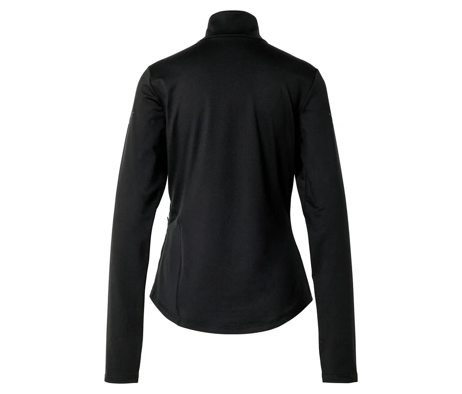 Rückansicht einer schwarzen, langärmeligen Sportjacke mit Stehkragen.