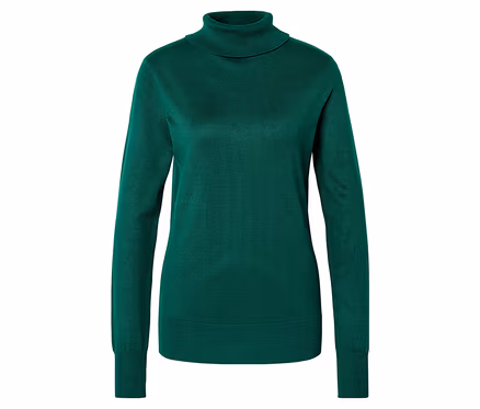 Grüner Rollkragenpullover mit langen Ärmeln, auf weißem Hintergrund liegend.