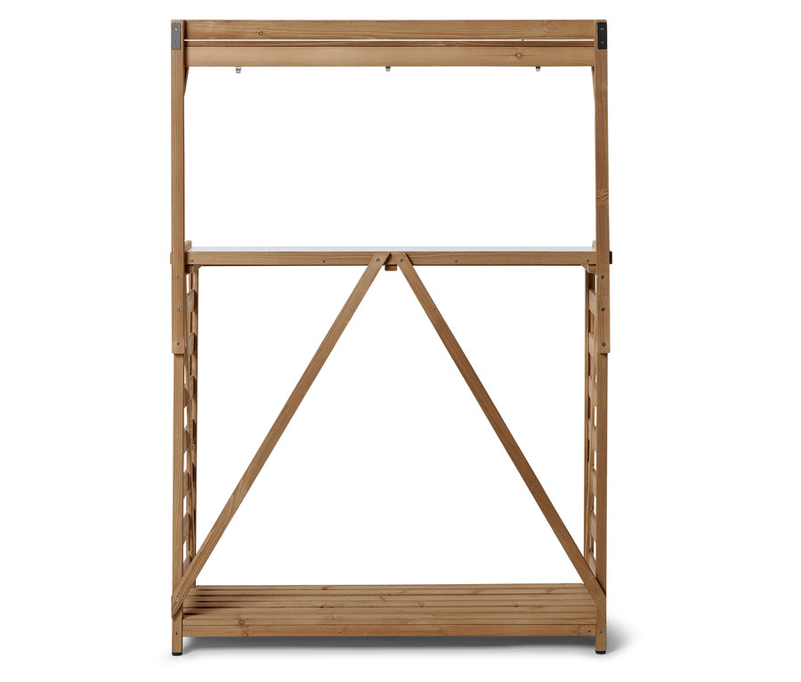 Holzregal mit zwei Regalböden und einer offenen Oberseite.