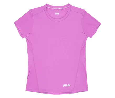 Lila FILA Damen-Funktionsshirt mit kurzen Ärmeln und Logos auf der Brust und am unteren Saum.