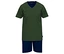 Tom Tailor Pyjama-Set: Kurzärmeliges, grün gestreiftes Oberteil mit V-Ausschnitt und marineblaue Shorts.