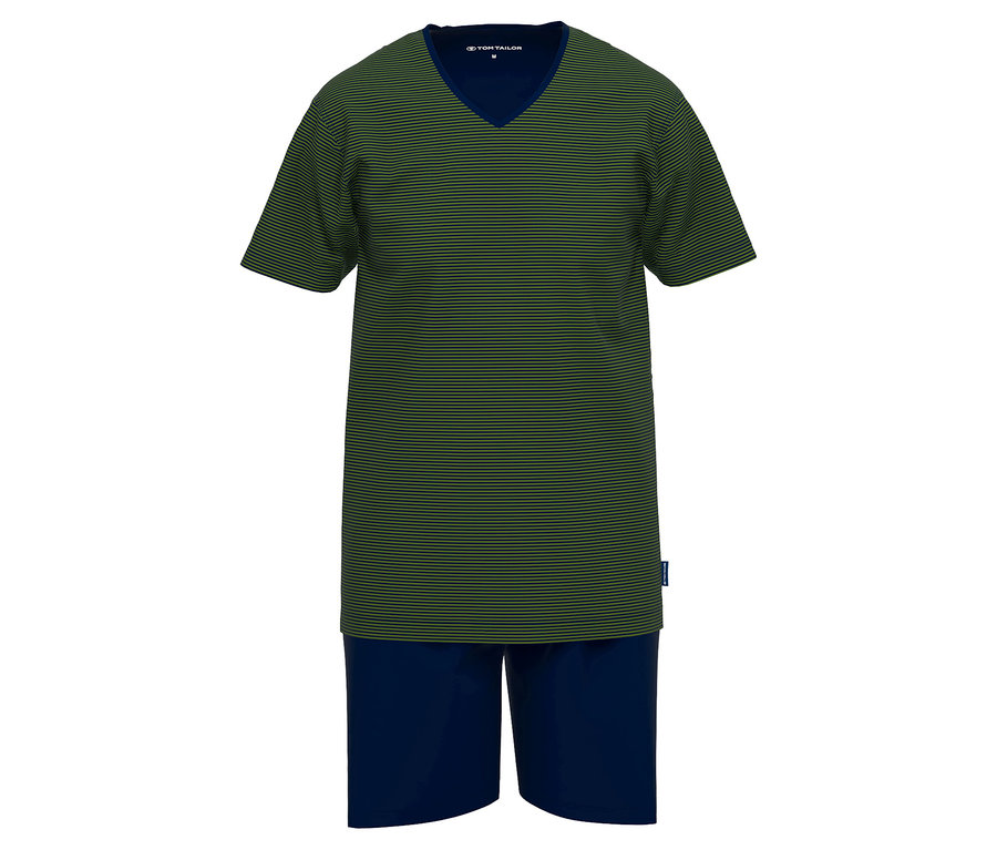 Tom Tailor Pyjama-Set: Kurzärmeliges, grün gestreiftes Oberteil mit V-Ausschnitt und marineblaue Shorts.