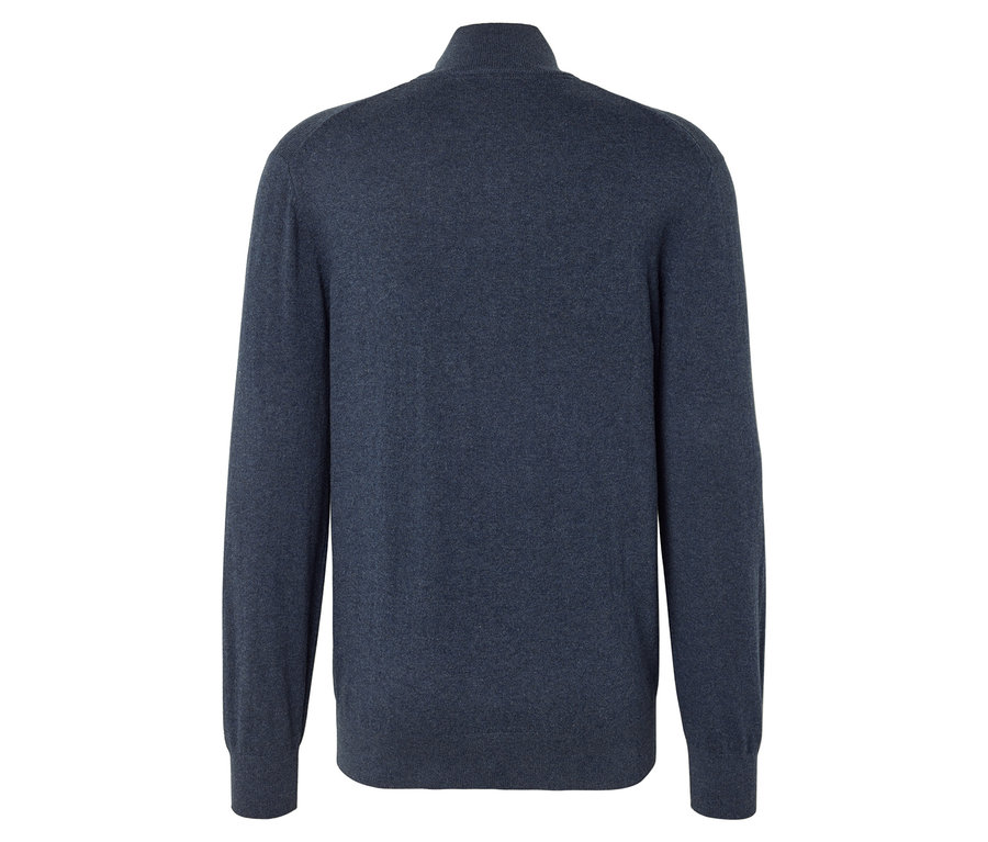 Rückansicht eines dunkelblauen Strickpullovers mit Reißverschluss.