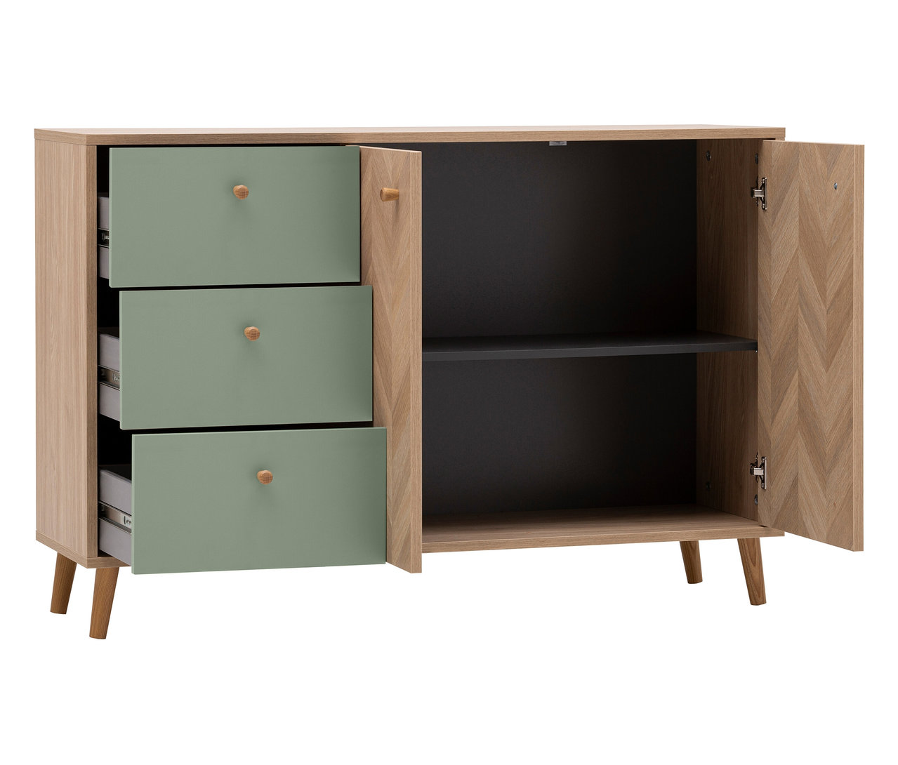 Ein Sideboard mit drei grünen Schubladen und einer offenen Tür.