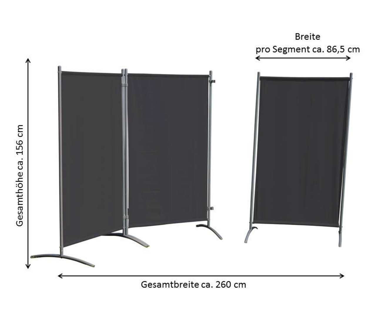 Drei anthrazitfarbene Leco Stellwände, 3-teilig, stehen auf silbernen Füßen. Größenangaben sind eingeblendet.