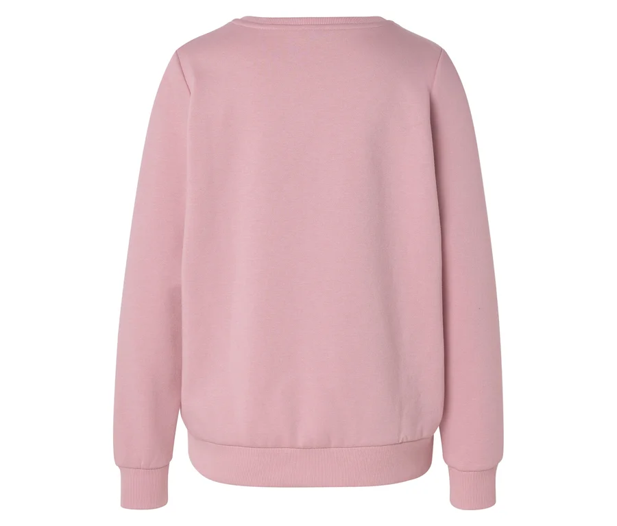Ein rosafarbenes Sweatshirt von hinten, mit langen Ärmeln, gerippten Bündchen und Saum.