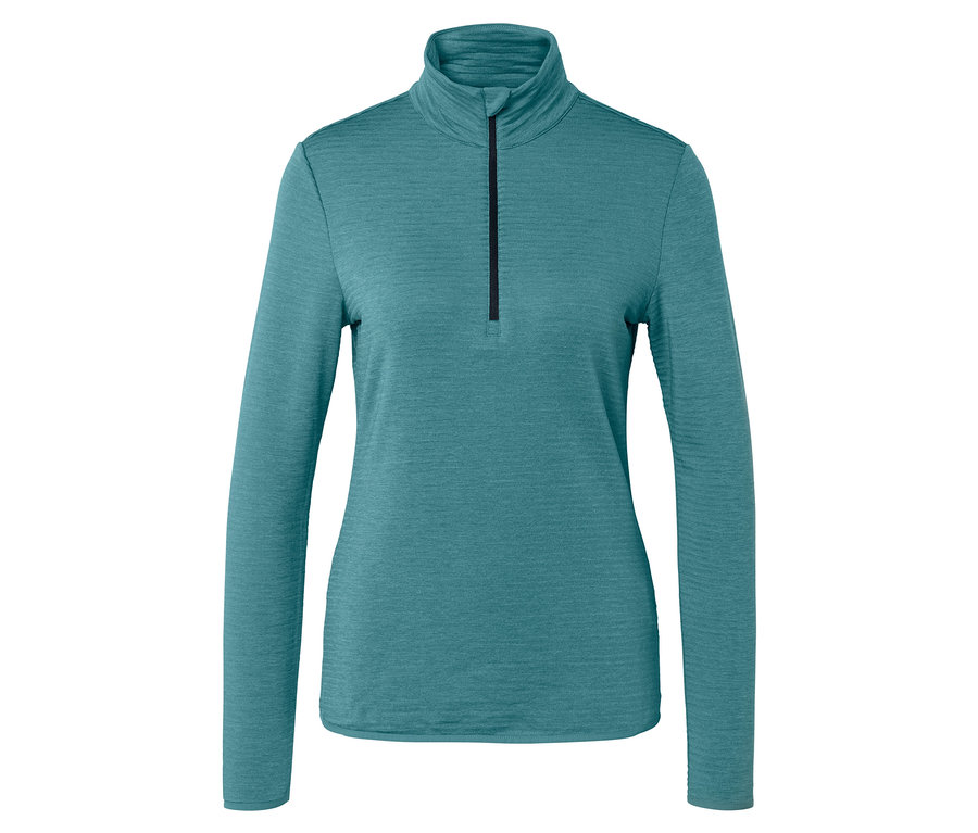 Blaugrünes, langärmliges Oberteil mit kurzem, schwarzem Reißverschluss am Kragen.