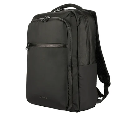 Schwarzer Tucano PLANET Martem Rucksack für Laptops bis 15,6 Zoll, mit mehreren Reißverschlussfächern, Tragegriff und gepolsterten Schultergurten.