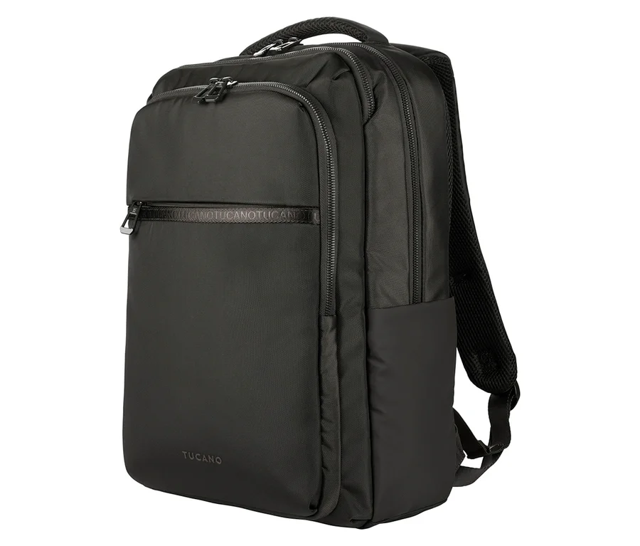 Schwarzer Tucano PLANET Martem Rucksack für Laptops bis 15,6 Zoll, mit mehreren Reißverschlussfächern, Tragegriff und gepolsterten Schultergurten.