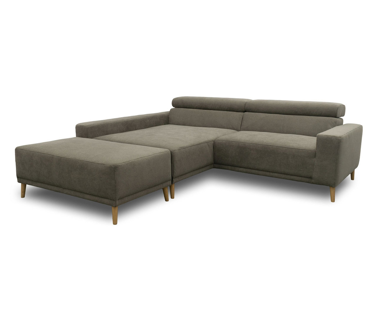Graues DOMO Eck-Schlafsofa »Malmö« mit Hocker und Longchair links, auf holzfarbenen Füßen.