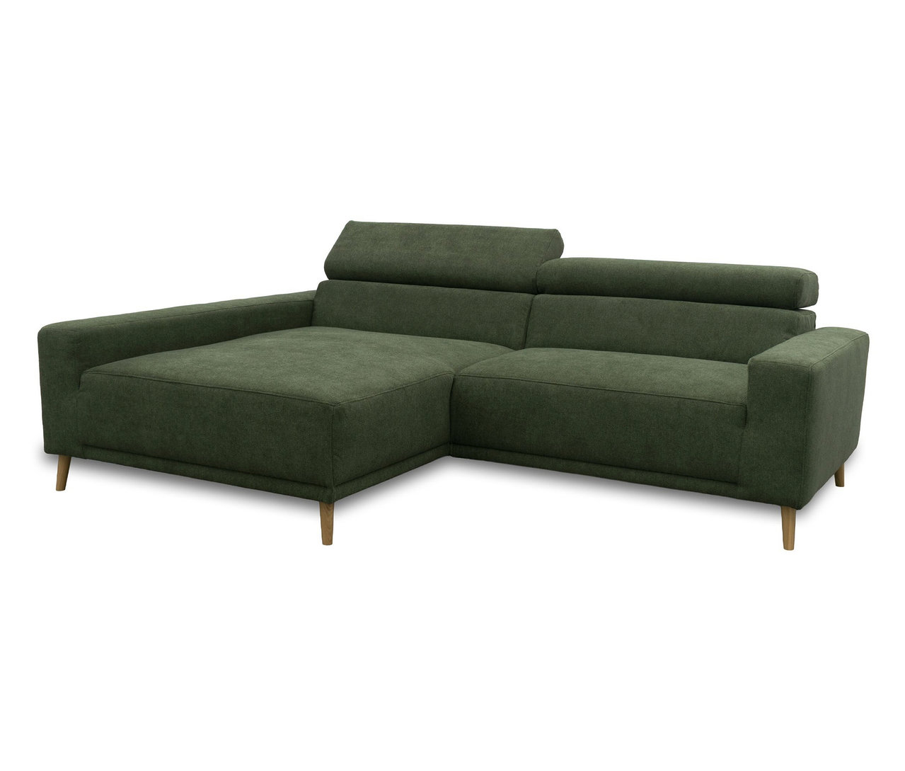 Grünes DOMO Sofa Malmö als Ecksofa mit Longchair links, Kopfteilverstellung und Holzfüßen.