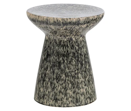 Ein Keramikhocker mit runder Platte und konischem Körper, der ein gesprenkeltes Muster in Schwarz und Hellbeige mit glänzender Oberfläche aufweist.
