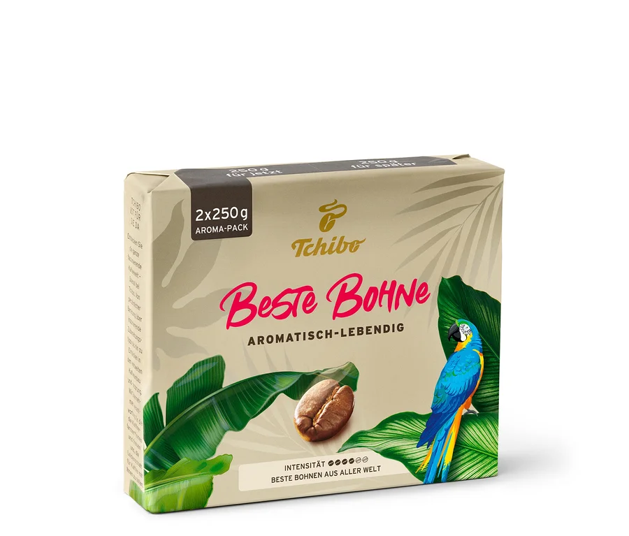 Eine 2x250g Packung Beste Bohne Kaffee mit Papagei und Kaffeebohnen Motiv.
