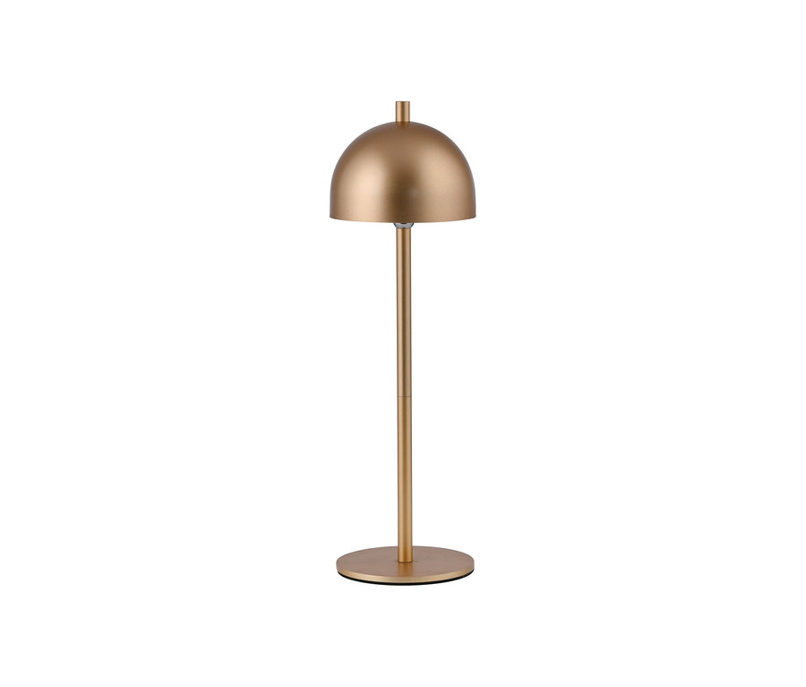 Eine goldfarbene Tischlampe mit einem kuppelförmigen Schirm, einem schlanken Stiel und einem runden Fuß.