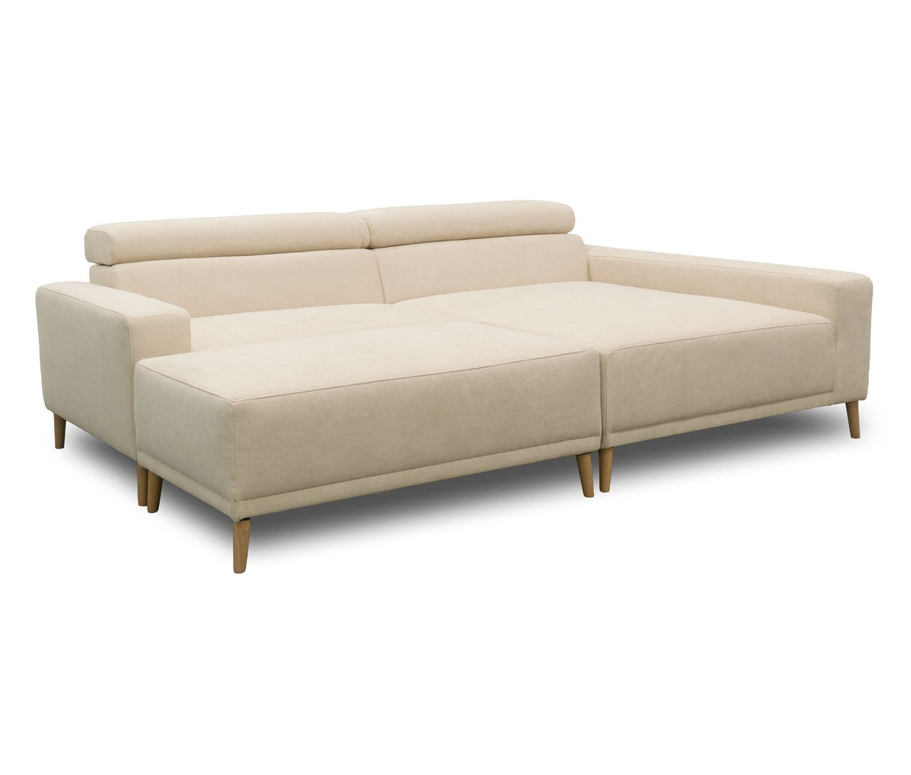 DOMO Eck-Schlafsofa »Malmö« in Creme mit Longchair rechts und holzfarbenen Füßen.