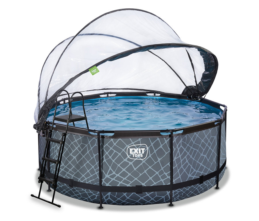 Rundes EXIT Pool-Set »STONE« mit ca. 360 cm Durchmesser, grauer Steinmusterung, schwarzem Metallrahmen, Leiter und teilweise geöffneter transparenter Kuppelabdeckung über blauem Wasser.