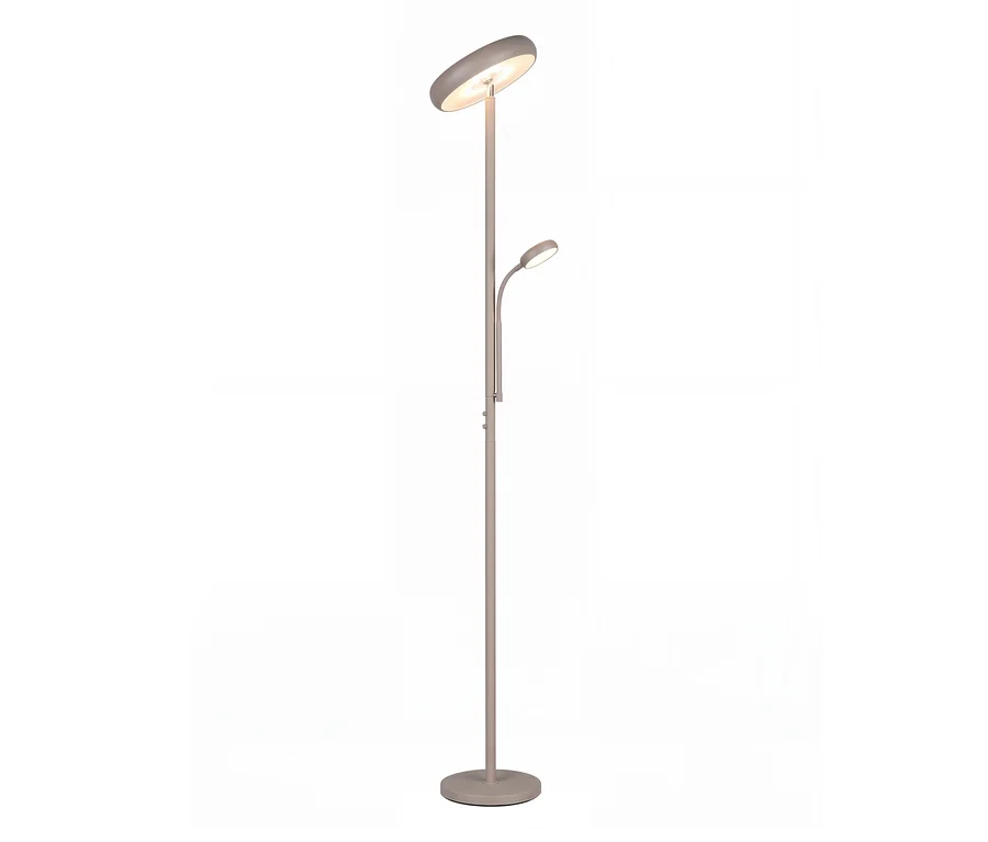 Hellgraue Stehlampe mit Deckenfluter und flexibler Leselampe. Die Hauptleuchte ist eine runde, nach oben gerichtete Scheibe, die Leselampe ragt vom Mittelpfosten ab.