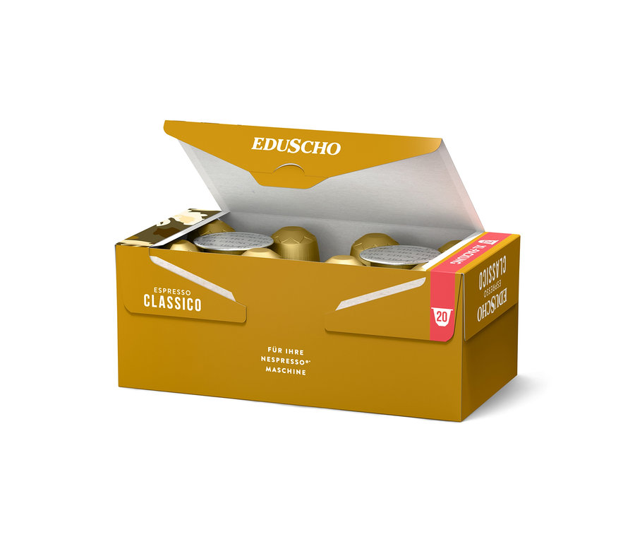 Geöffnete goldene EDUSCHO Espresso Classico Kapselbox mit 20 Kapseln.