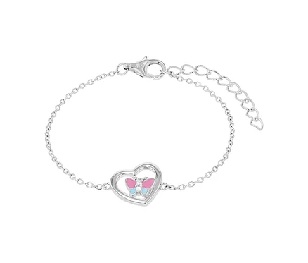 Silbernes Armband mit Herzanhänger mit blau-rosa Schmetterling.
