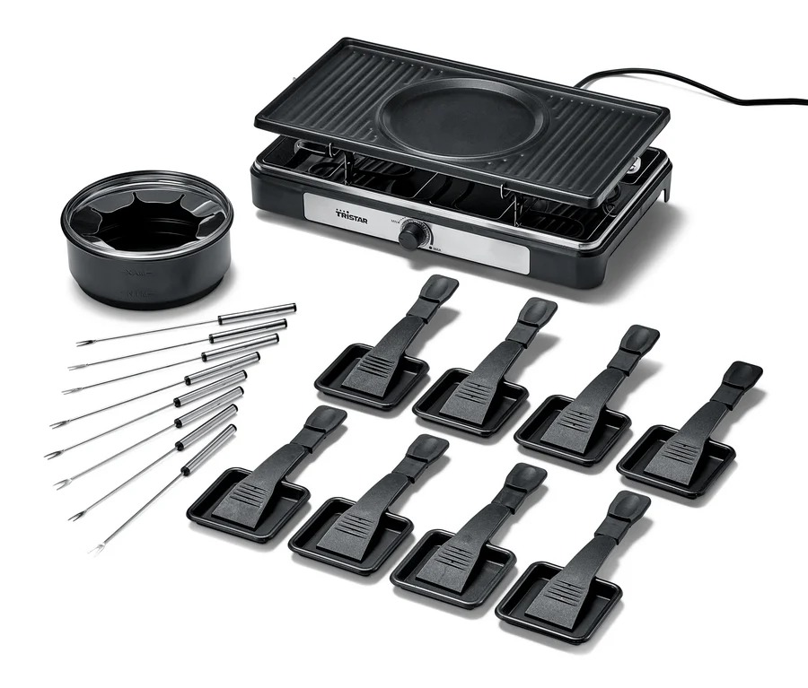 Schwarzer 2-in-1-Raclette-und-Fondue-Grill mit Fonduetopf, acht Spateln und Gabeln.