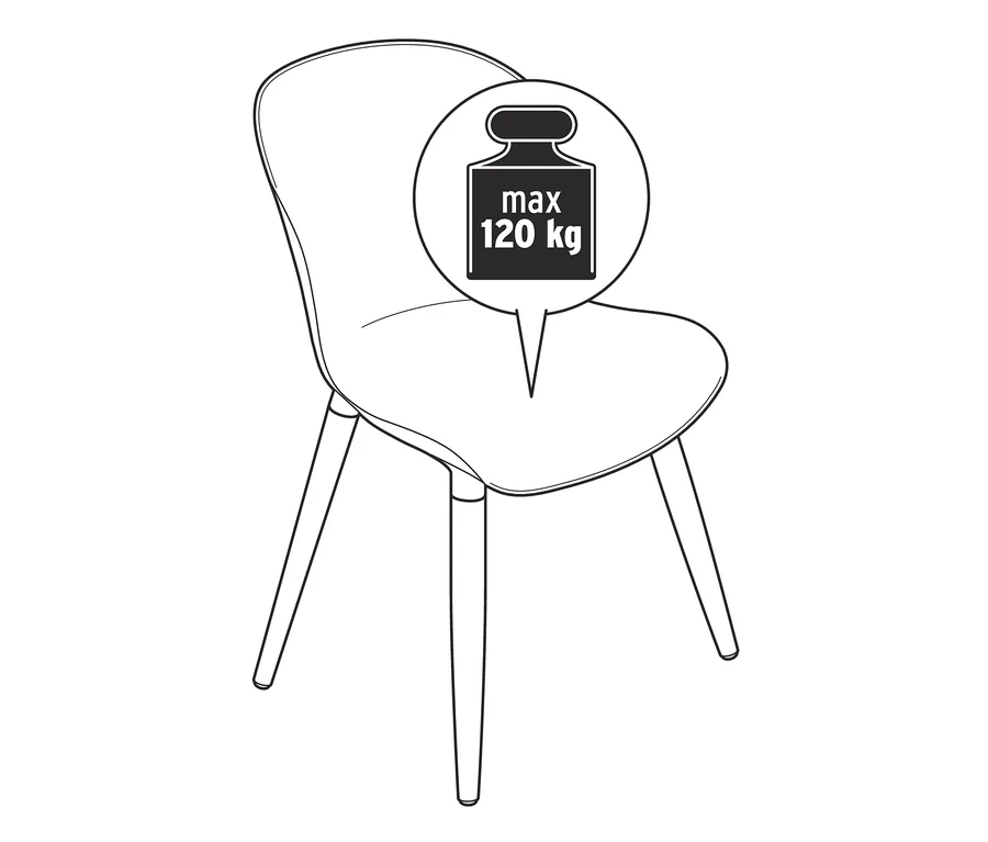 Illustration eines grauen Schalenstuhls aus recyceltem Kunststoff mit einer maximalen Belastbarkeit von 120 kg.