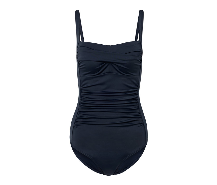 Blauer, figurformender Badeanzug auf weißem Hintergrund.