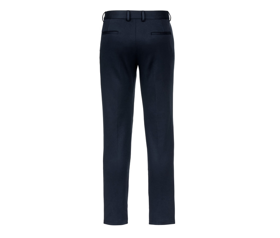 Dunkelblaue Jersey-Chino von hinten.