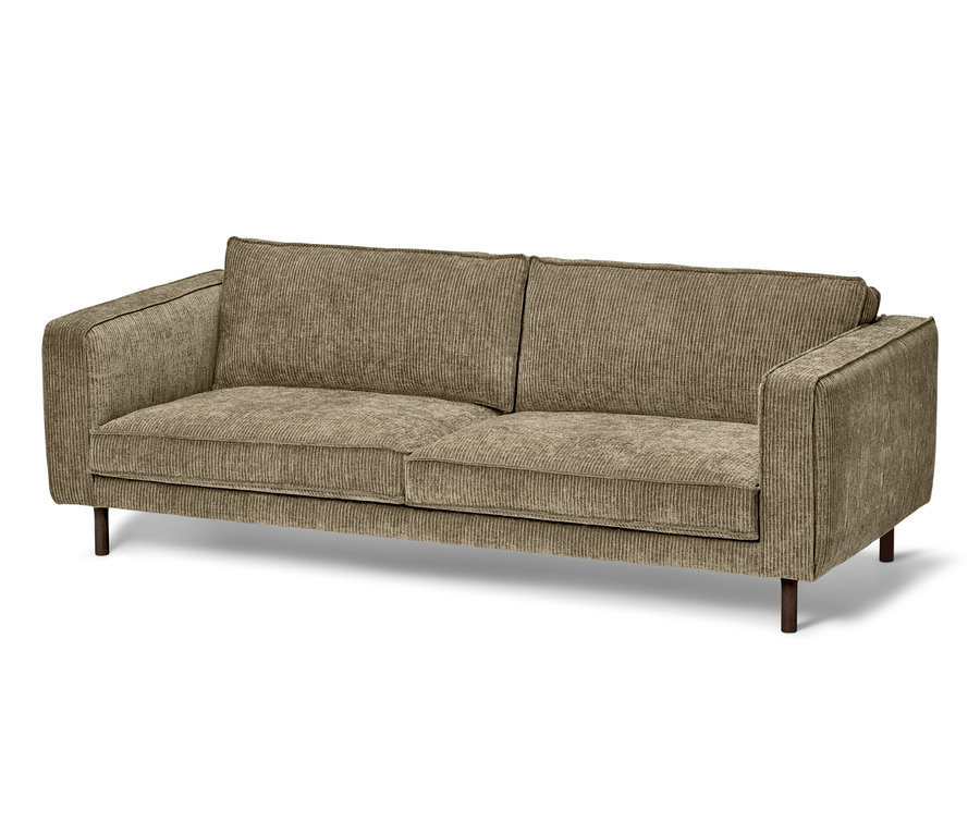 Ein braun-graues 3-Sitzer-Cordsofa.